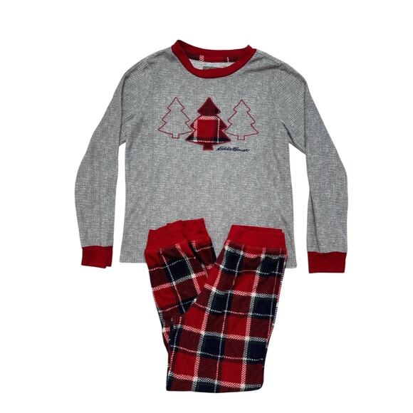 EDDIE BAUER Trees Plaid Holiday Pajama Set Size 7/8 Kids Gray Red Blue Family - Picture 1 of 7